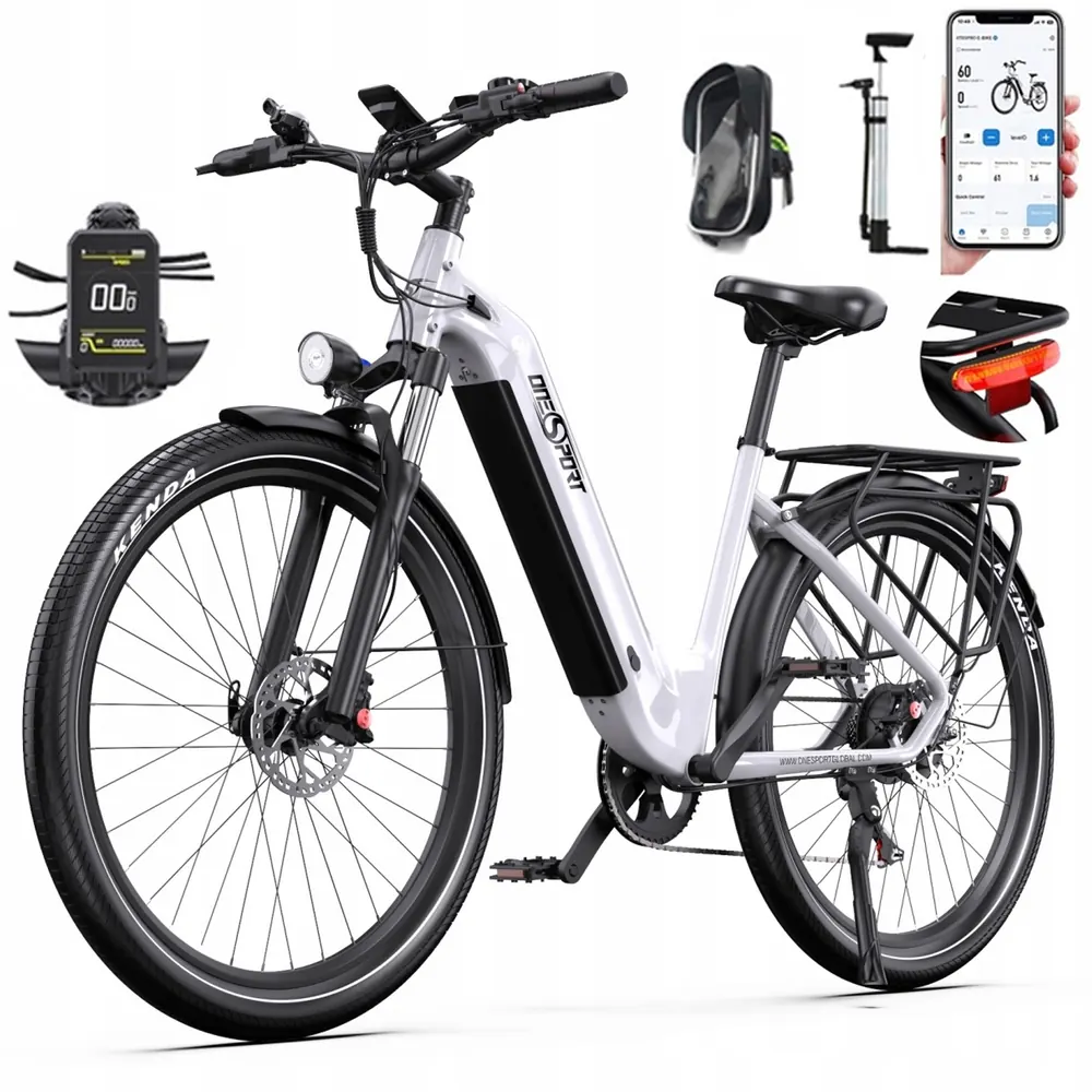 Vista laterale della bici elettrica Onesport OT05 bianca