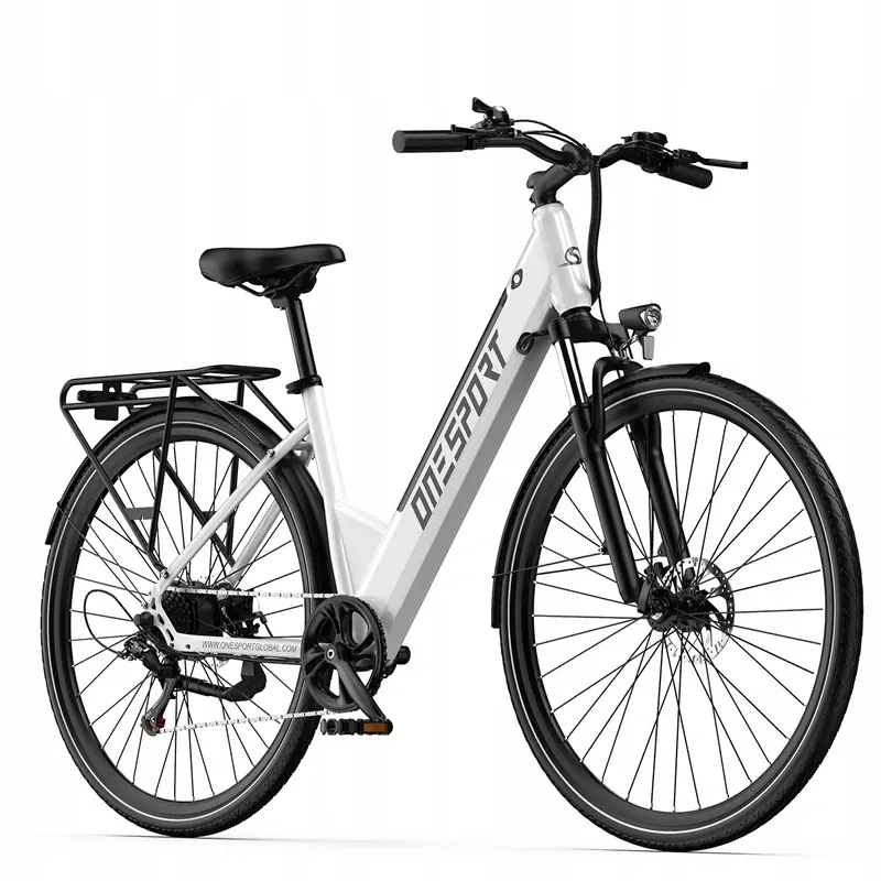 Bicicletta elettrica urbana ONESPORT OT12 bianca vista laterale