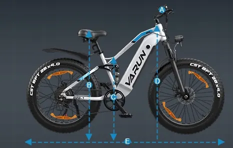 Ciclista su bici elettrica VARUN adatta per altezze 160-195 cm