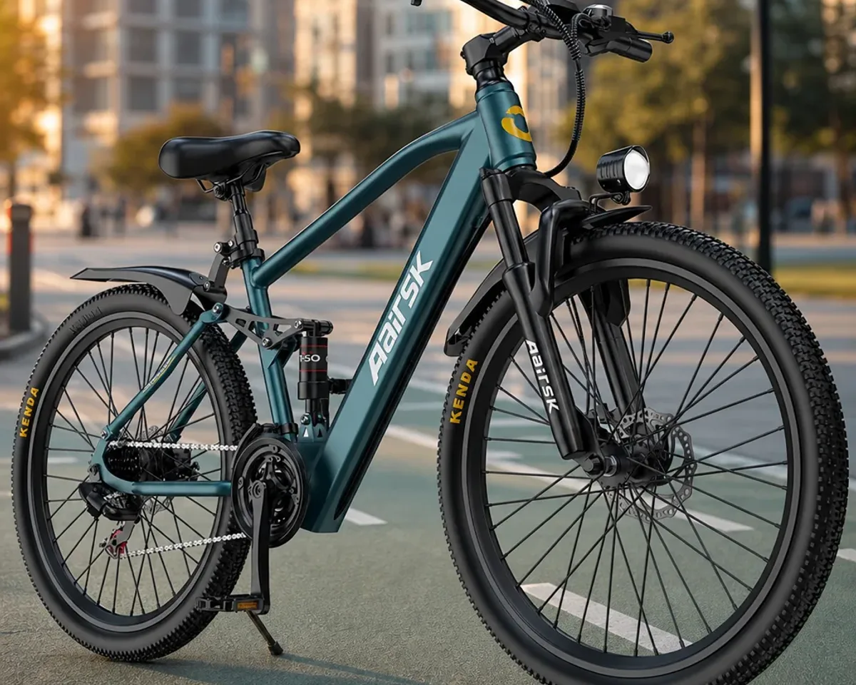 Ciclista su e-bike in salita con batteria che si scarica