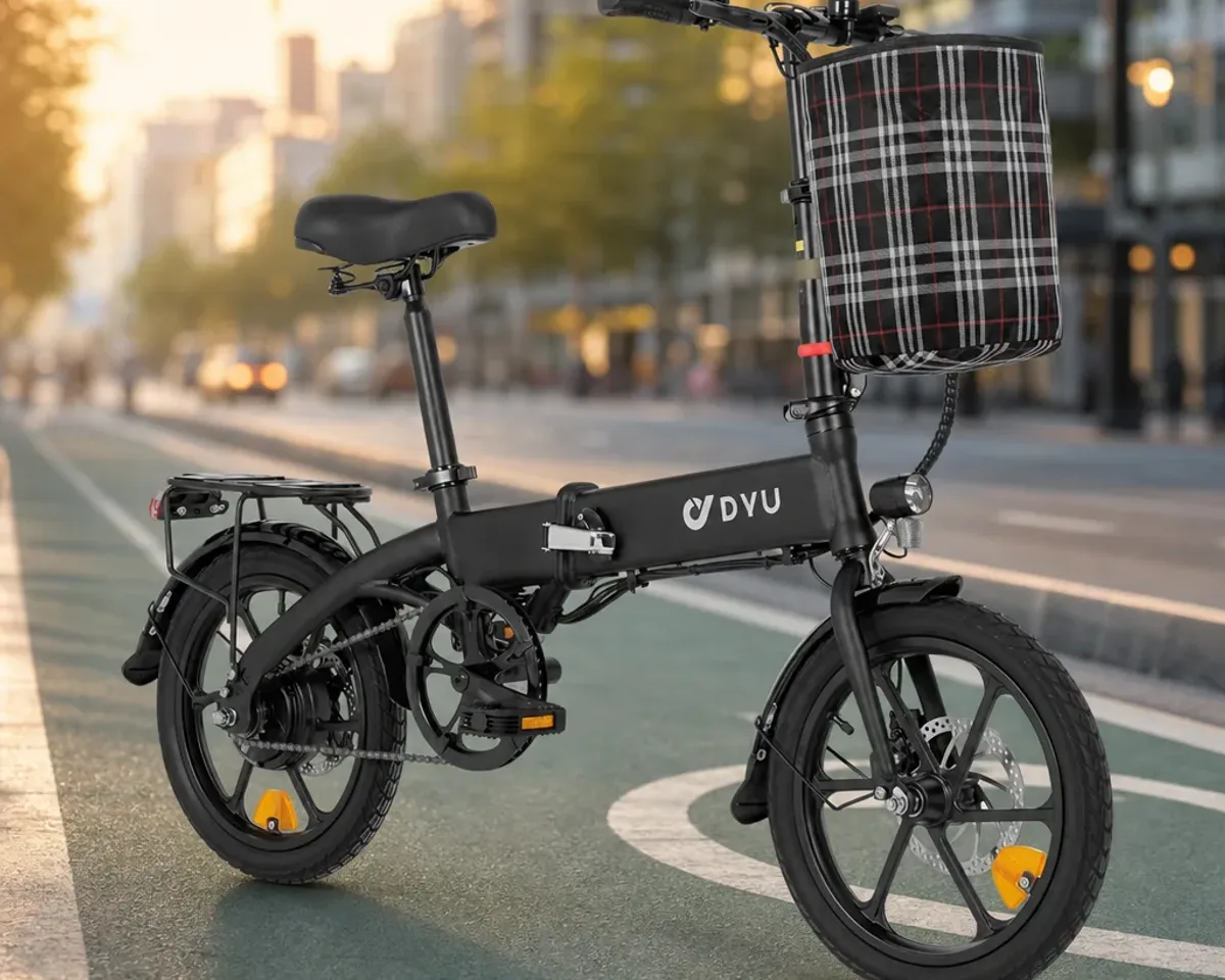 Bici elettrica pieghevole in fase di montaggio su pavimento chiaro, con attrezzi e componenti accanto.