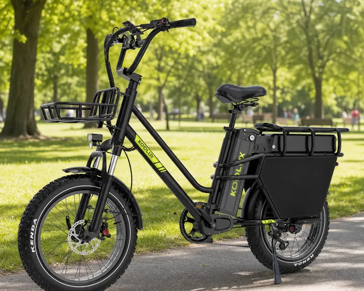 Bici elettrica cargo con due bambini a bordo in una città italiana