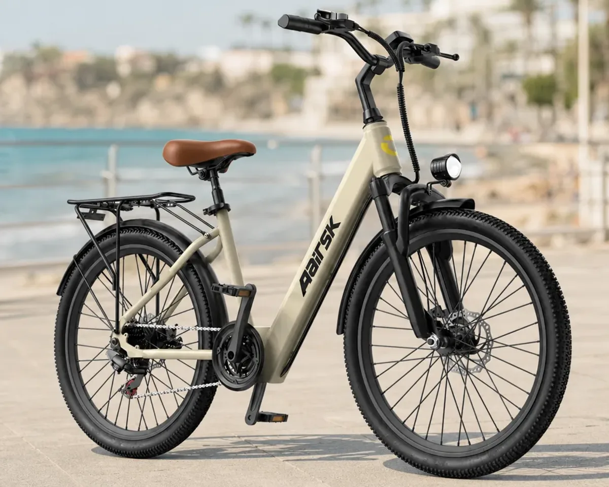 Bici elettrica da città per il pendolarismo su una pista ciclabile in Italia