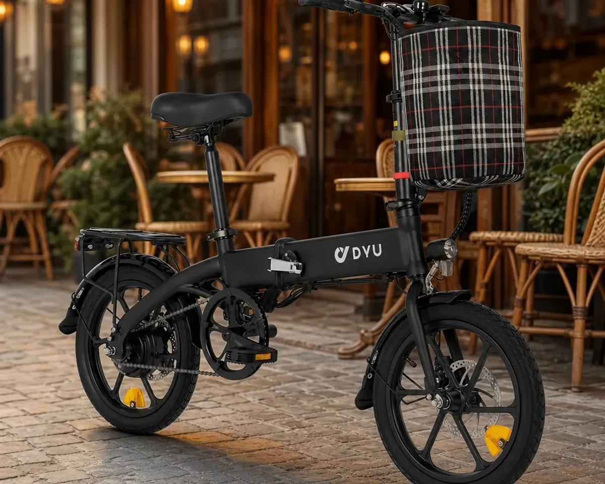 Bici elettrica pieghevole piegata vicino a una porta di casa