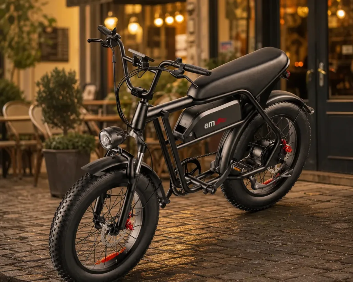 Fat bike elettrica con gomme larghe su strada sterrata al tramonto