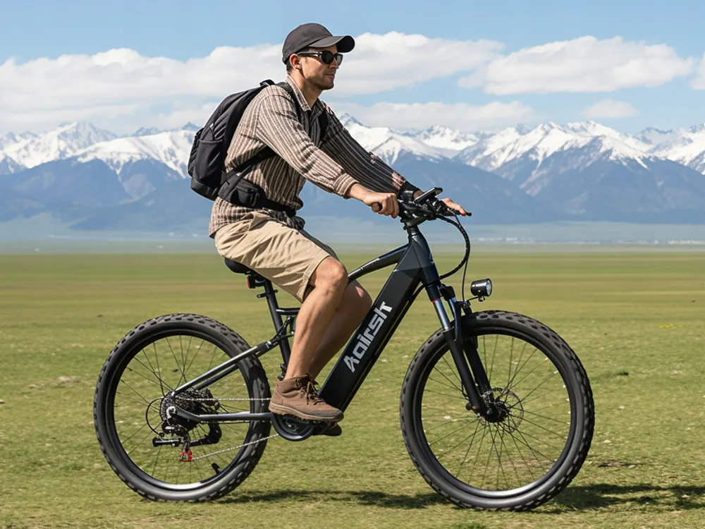 Vista laterale della eMTB Aairsk XT90 con ruote 26 pollici