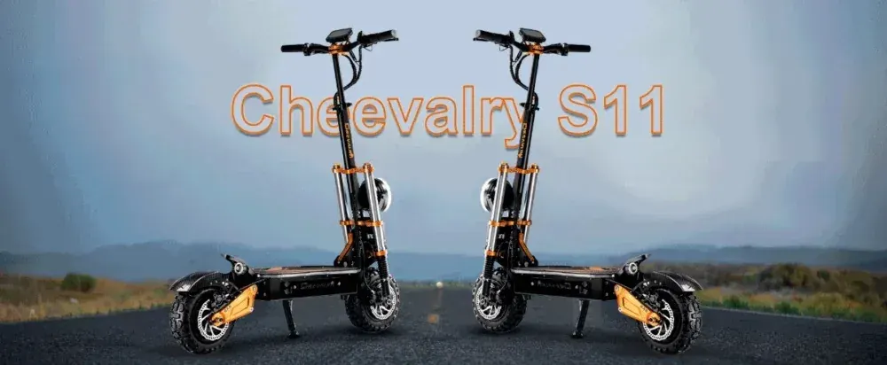 Cheevalry S11 vista laterale completa, telaio in alluminio e ruote tassellate da 11 pollici.