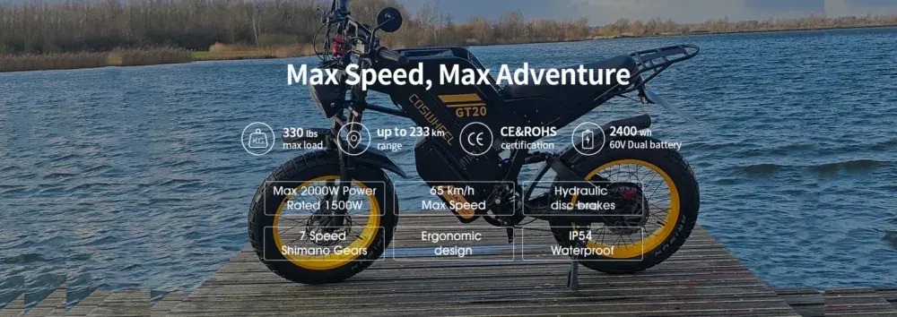 Dettaglio del motore posteriore da 2000W della Coswheel GT20 Max, con cavi e connettori.