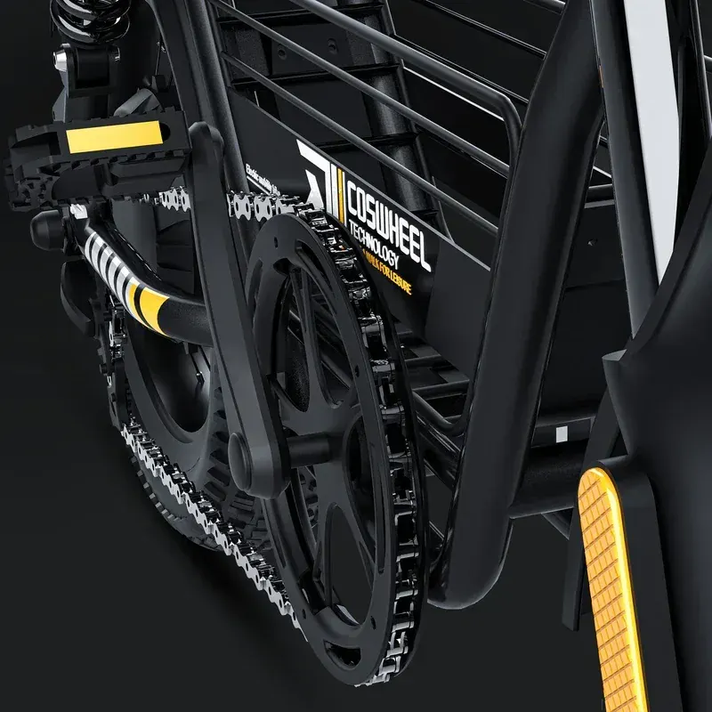 Coswheel Y16, batteria da 48V 15Ah inserita nel telaio, connettori visibili.