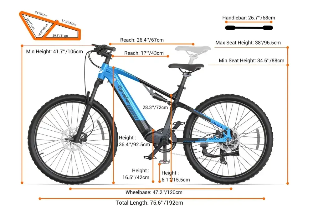 Cyrusher Flex e-MTB in vista laterale completa, telaio blu, sospensioni anteriori e ruote tassellate.