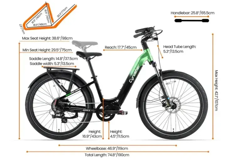 Cyrusher Grace e-bike in verde, vista laterale completa su strada urbana