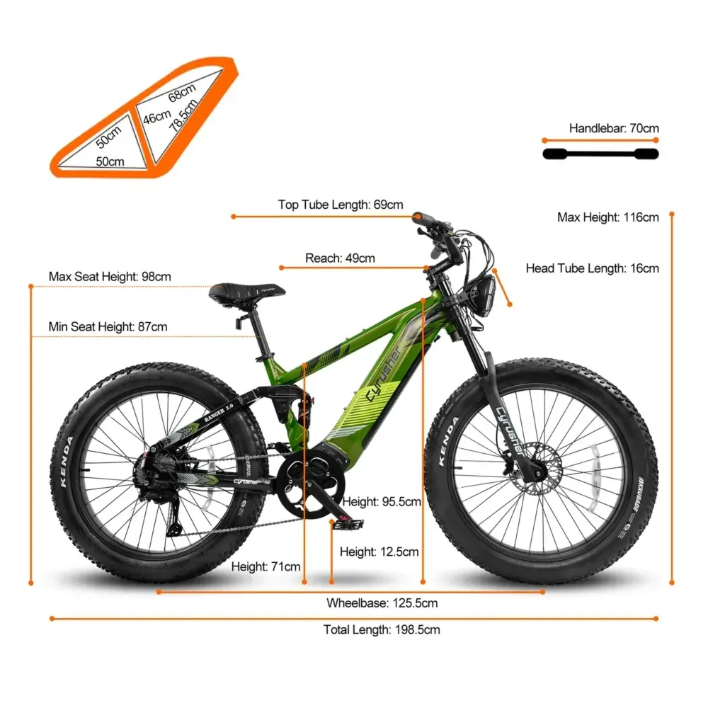 Cyrusher Ranger 2.0 vista laterale completa, telaio nero con ruote grasse e sospensioni