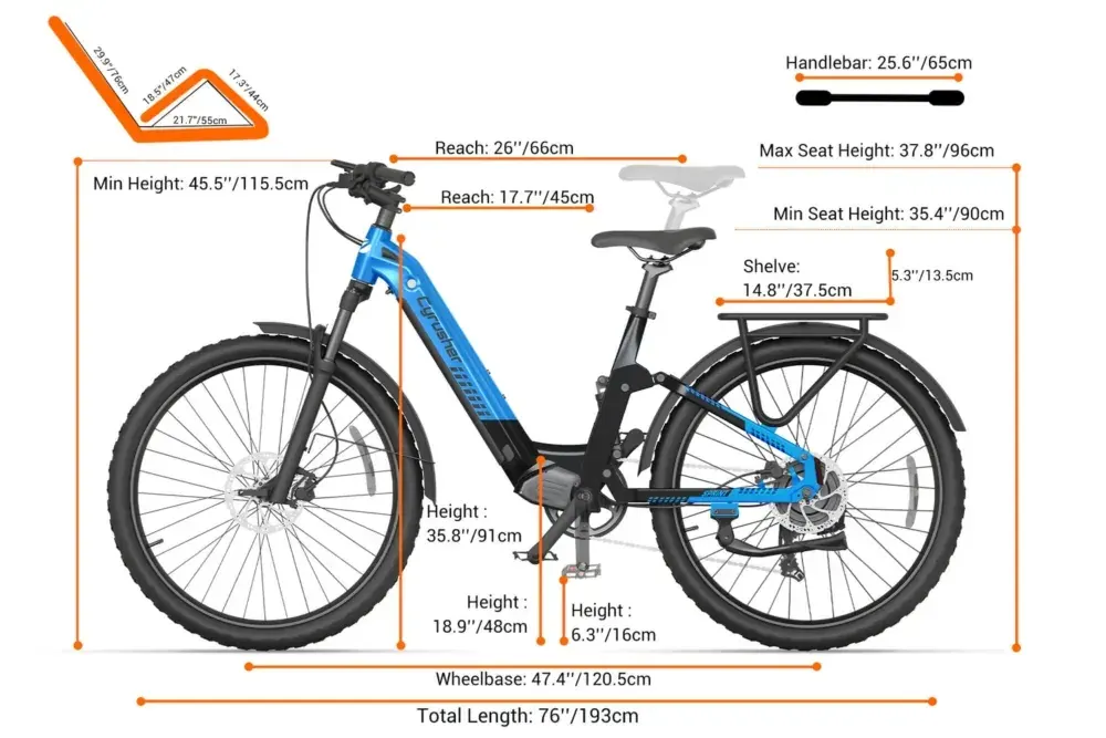Cyrusher Sprint, bici elettrica urbana blu, vista laterale completa con telaio a passo libero.