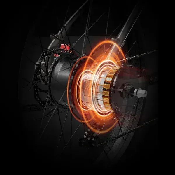 Motore brushless da 1000W della Gogobest GF600 Plus, montato sul mozzo posteriore, con cavi visibili.