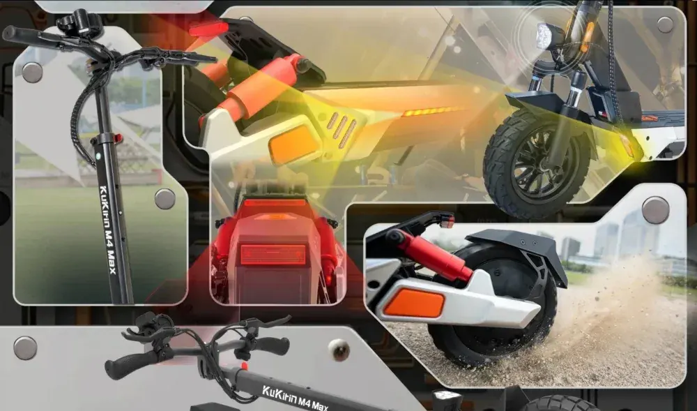 Kukirin M4 Max, scooter piegato per il trasporto, con manubrio ripiegato e gancio di chiusura.
