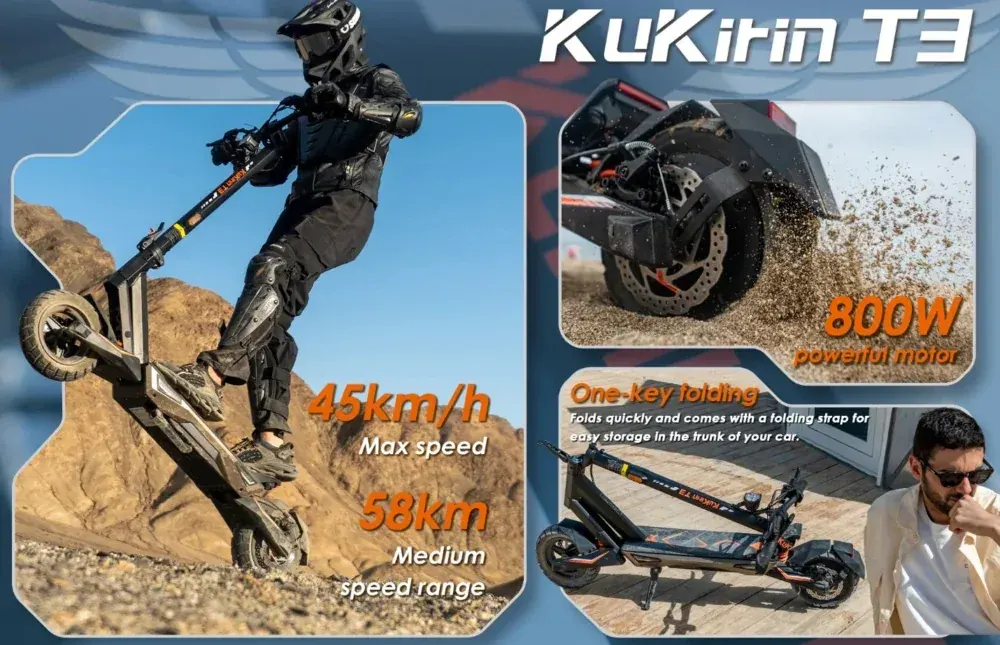 Kukirin T3 piegato per trasporto, compatto e facile da riporre.